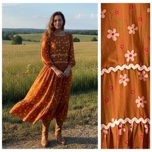Hampton House Burnt Orange Pink Floral Print Long Sleeve Ric Rac Midi Dress XS